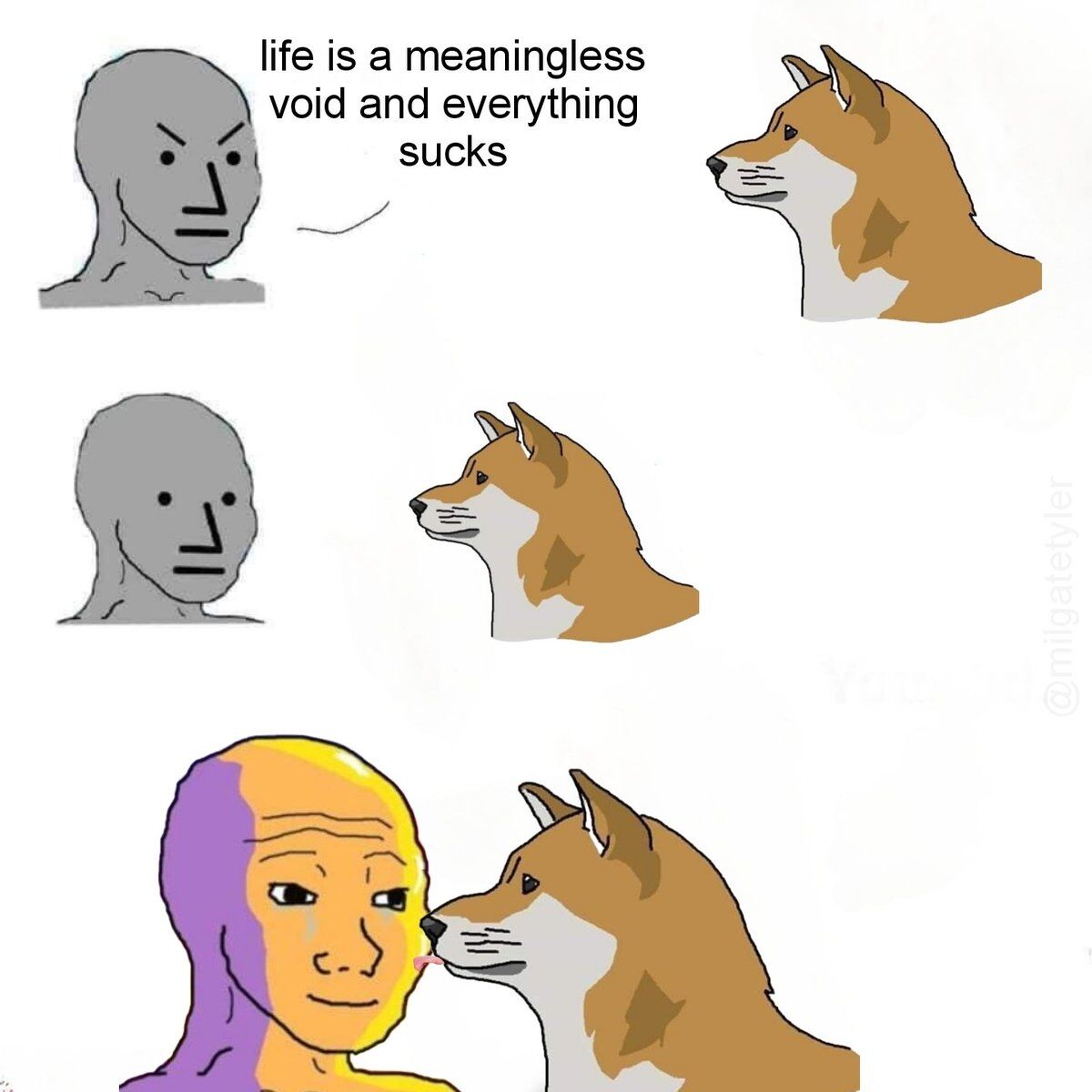 This three-panel meme uses two iconic internet meme characters: the grey Wojak and the Shiba Inu Doge. In the first panel, an angry, frustrated Wojak expresses existential despair with the line "life is a meaningless void and everything sucks" while Doge looks away. The second panel shows a dejected, neutral Wojak facing Doge, who now turns to face him. In the final panel, Doge licks Wojak's face, and Wojak's face shifts to a softened, tearful, warm-toned expression, conveying relief and comfort from the simple, affectionate gesture. The meme contrasts feelings of nihilistic hopelessness with the wholesome, gentle comfort of companionship.