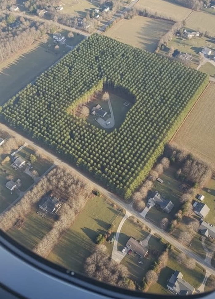 This is an aerial photograph captured from a passenger plane (evidenced by the cabin window edge at the bottom left). The image shows a single residential home situated within a perfectly square, grid-planted pine forest, with a cleared circular area around the property. At first glance, the house appears completely enclosed and inaccessible, creating a humorous optical illusion that inspired the meme's question: "How do you get there?" However, a small driveway is visible connecting the house to the paved road at the bottom of the frame, revealing that the house is actually reachable. The meme plays on this visual trick to create a funny, whimsical moment that makes viewers do a double-take.