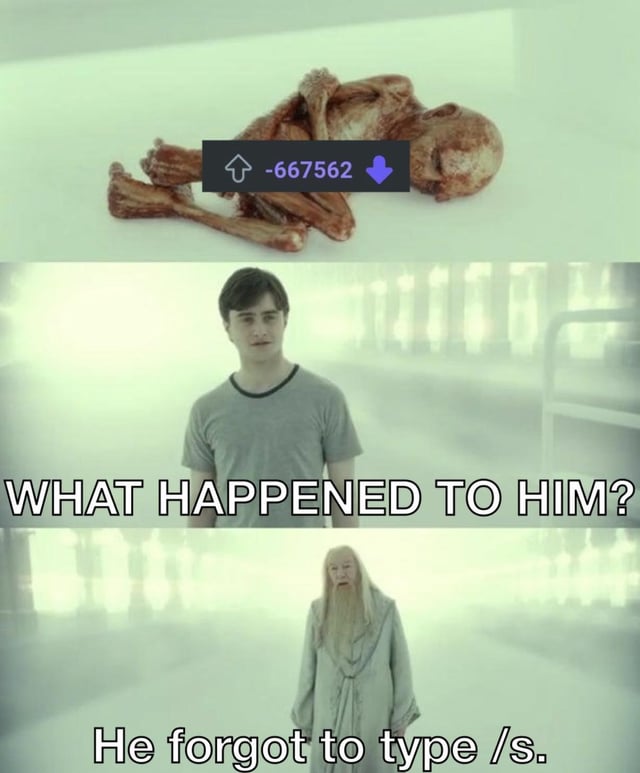 A three-panel meme. Top panel: A skeleton lying on a surface with an exaggeratedly large negative vote count (-667562) displayed via up/down arrow icons. Middle panel: A person resembling Harry Potter from the film series standing in a misty corridor, with bold text reading 'WHAT HAPPENED TO HIM?'. Bottom panel: A person resembling Gandalf from The Lord of the Rings film series standing in a similar misty setting, responding with 'He forgot to type /s.' The meme humorously exaggerates the consequence of forgetting to use the '/s' sarcasm tag online, implying severe social backlash (symbolized by the skeleton and massive downvotes) when sarcasm is misinterpreted.