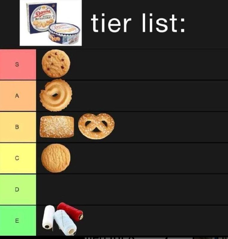 A tier list meme ranking various cookies across S (red), A (orange), B (yellow), C (light yellow), and D (green) tiers. The top-left corner features an image of a 'Danisa Butter Cookies' box. S tier contains a round cookie with small holes; A tier has a spiral-shaped cookie; B tier includes a rectangular sesame-covered cookie and a pretzel; C tier shows a plain round cookie; D tier humorously contains three spools of thread (playing on the pun 'thread' instead of 'cookie'). The meme uses visual humor by placing non-cookie items (thread spools) in the lowest tier as a joke.