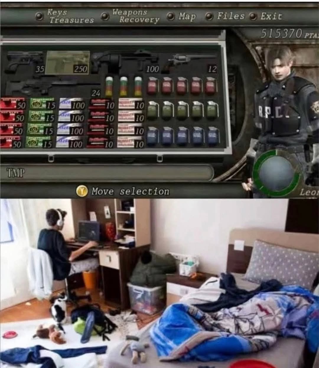 This meme is a two-panel collage that humorously contrasts the hyper-organized inventory system from the video game *Resident Evil 4* (top panel) with a real-life messy bedroom (bottom panel). The top panel shows Leon Kennedy's inventory, where every item—including weapons, healing supplies, and ammunition—is neatly sorted into a grid, a staple of survival horror games where inventory management is critical. The bottom panel depicts a cluttered room with clothes scattered on the floor, an unmade bed, and a person working at a desk, highlighting the relatable gap between the idealized order of video games and the chaos of everyday life.