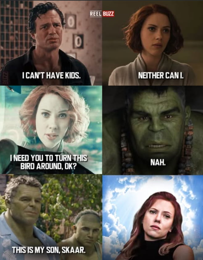 This 6-panel comedic meme uses clips from Marvel Cinematic Universe films and series to joke about a plot inconsistency. In the first panel, Bruce Banner (Hulk) tells Black Widow he cannot have children, referencing a scene from *Avengers: Age of Ultron*. Black Widow responds in the second panel that she also cannot have children, another plot point from the same film. The third panel shows Black Widow asking Hulk to turn their ship around, and Hulk dismisses her with "NAH" in the fourth panel. The fifth panel cuts to a scene from *She-Hulk: Attorney at Law* where Bruce Banner introduces his adult son Skaar. The sixth panel shows Black Widow looking confused and exasperated, highlighting the contradiction of Bruce previously claiming he could not have children, only to reveal a fully grown son later in the MCU timeline. The joke pokes fun at Marvel's retcon of Hulk's established infertility plot point.