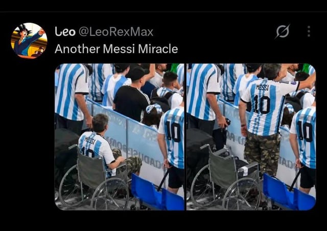 This is a two-panel humorous sports meme shared as a screenshot of a Twitter post. The left panel shows an Argentine football fan wearing a Lionel Messi #10 national team jersey sitting in a wheelchair among a crowd of other Argentina supporters at a World Cup match. The right panel shows the same fan now standing and cheering, with the empty wheelchair left behind him. The tweet text above the panels reads "Another Messi Miracle", making an exaggerated joke that Lionel Messi's World Cup performance was so impressive and inspiring that it miraculously healed the disabled fan, framing Messi as having quasi-supernatural positive effects on his fans.