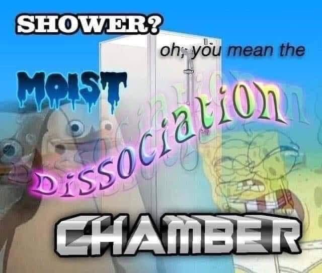 This humorous meme jokes about the common relatable experience of dissociating, zoning out, or mentally drifting while taking a shower. It features a shower cubicle graphic placed over a background of blurred, dazed-looking characters from the animated series *SpongeBob SquarePants*: one generic background fish and SpongeBob himself, both appearing disoriented to visualize the dissociative state. Layered stylized text reads "SHOWER?" at the top left, "oh, you mean the" next to the shower cubicle, drippy blue "MOIST", glowing gradient "dissociation", and large metallic "CHAMBER" at the bottom, together coining an absurd, funny alternative name for showers.