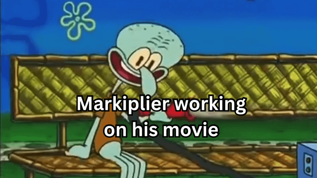 A meme featuring a screenshot of Squidward Tentacles from the animated television show SpongeBob SquarePants. Squidward is depicted sitting on a bamboo bench with a blue sky and green grass in the background, smiling widely with his eyes closed and holding an indistinct object in his hands. Overlaid white text reads 'Markiplier working on his movie,' humorously drawing a parallel between Markiplier's dedication to his film project and Squidward's confident, content demeanor in the scene.