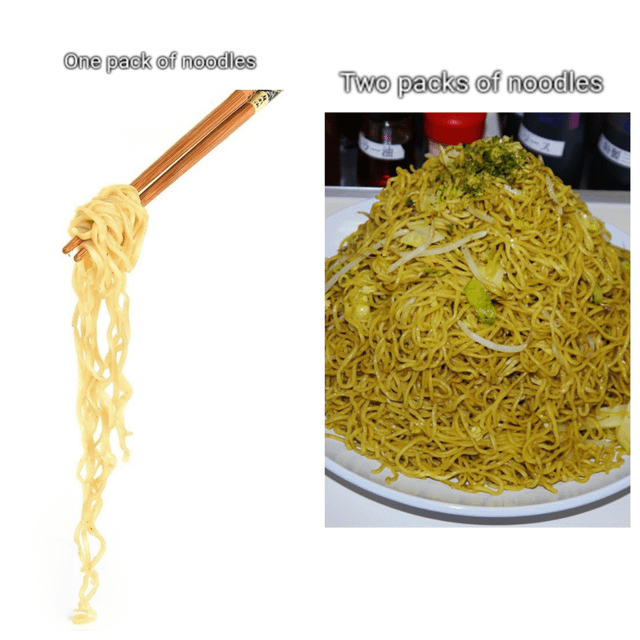 A two-panel meme comparing the quantity of noodles from one pack versus two packs. The left panel shows a small, sparse amount of plain yellow noodles held by wooden chopsticks against a white background, labeled 'One pack of noodles'. The right panel features a large, overflowing pile of seasoned noodles (likely stir-fried) with visible vegetables like cabbage, on a white plate, labeled 'Two packs of noodles'. The humor stems from the exaggerated difference in portion size, implying that two packs result in an unexpectedly massive amount compared to one.