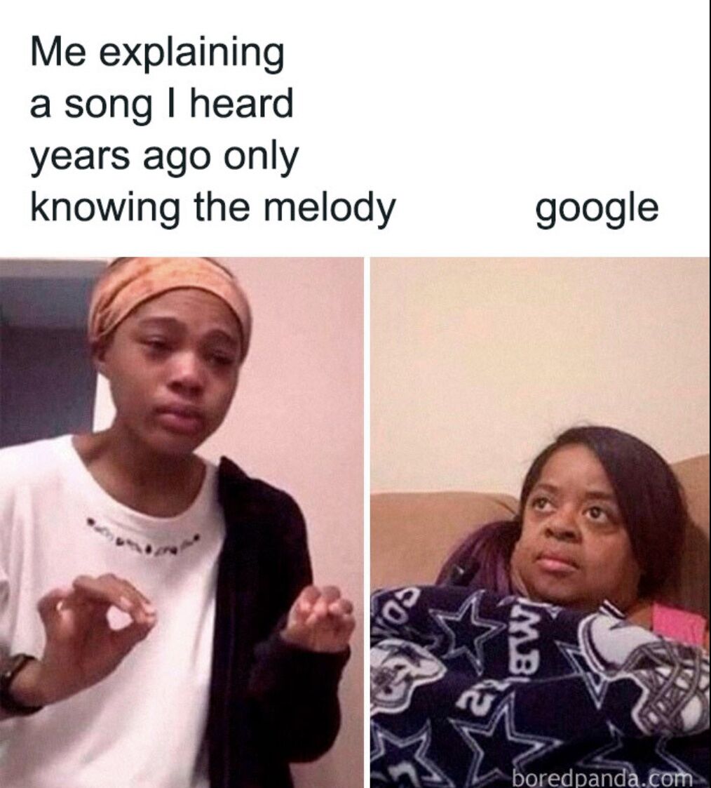 This is a two-panel relatable reaction meme. The left panel features a young woman making small pinching hand gestures, with text above reading 'Me explaining a song I heard years ago only knowing the melody', representing a user struggling to describe a song they only remember the tune of, with no lyrics to search for. The right panel features a woman sitting on a couch looking upwards with a confused, unimpressed, bewildered expression, with text above reading 'google', representing Google being unable to process the vague, non-verbal description of the melody. The joke plays on the common frustrating experience of trying to find an old song you have no lyrical information for.