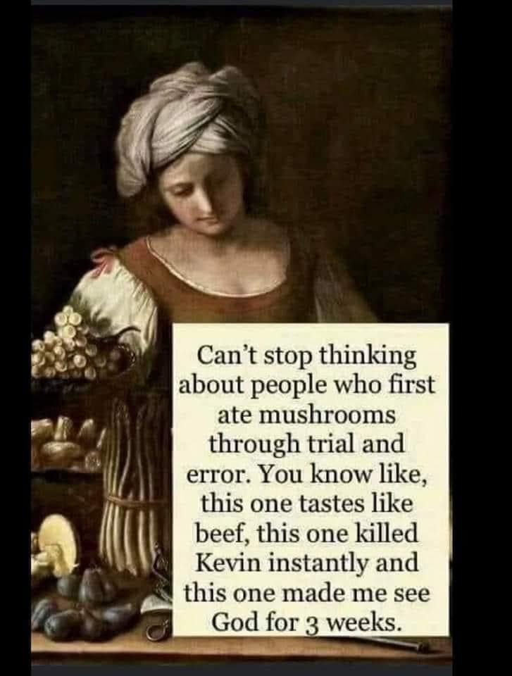 A classical still life painting featuring a woman in a turban, holding a basket of vegetables including mushrooms and grapes, with a prominent text overlay humorously reflecting on the hypothetical trial-and-error process of early mushroom foragers. The text imagines comedic outcomes: some mushrooms tasting like beef, others killing someone named Kevin instantly, and some causing prolonged hallucinations of seeing God.