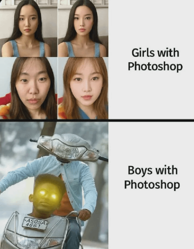 A comparison meme divided into two sections. The top section features four images of girls arranged in two rows of two: the left images show original, unedited photos with neutral expressions, while the right images display edited versions with smoother skin, enhanced features, and makeup-like effects. To the right of these images is the text 'Girls with Photoshop'. The bottom section shows a single image of a boy riding a scooter; his head has been replaced with a motorcycle headlight, and a small, glowing yellow head with bright eyes is positioned on his chest. To the right of this image is the text 'Boys with Photoshop'. The meme humorously contrasts stereotypical uses of Photoshop: girls enhancing their appearance versus boys creating absurd, surreal edits.