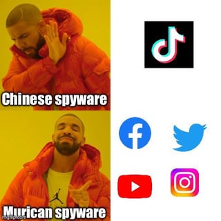 A meme utilizing the Drake Hotline Bling template, divided into two panels. The left panel features Drake in an orange jacket with his hand raised in a dismissive gesture, accompanied by the text 'Chinese spyware' and a TikTok logo above. The right panel shows Drake in the same jacket, gesturing approvingly with his hand pointing downward, accompanied by the text 'Murican spyware' and logos of Facebook, Twitter, YouTube, and Instagram below. The meme satirizes perceived double standards in accusations of spyware between Chinese (TikTok) and American (major social media) platforms.