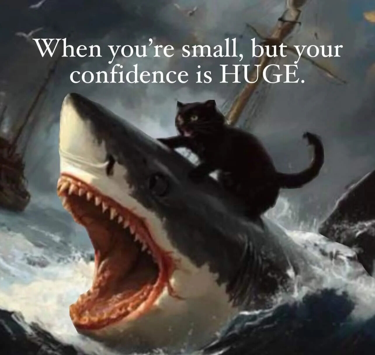 The image depicts a dramatic, surreal scene featuring a small black cat confidently riding on the back of a large great white shark. The shark is emerging from turbulent ocean waves with its mouth wide open, displaying sharp teeth, while the background includes stormy skies and distant sailing ships, creating an epic atmosphere. At the top of the image, a white text caption reads, 'When you're small, but your confidence is HUGE,' which humorously contrasts the cat's small size with its bold, fearless demeanor atop the imposing shark.