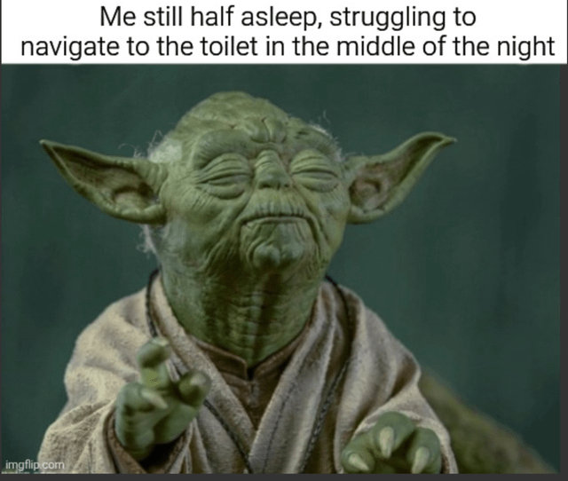 A meme featuring Yoda, a character from Star Wars, with a text overlay at the top that reads: 'Me still half asleep, struggling to navigate to the toilet in the middle of the night'. Yoda is depicted with half-closed, drowsy eyes and a weary expression, pointing forward with his right hand, humorously equating the relatable struggle of moving to the toilet while sleepy to his iconic wise demeanor.