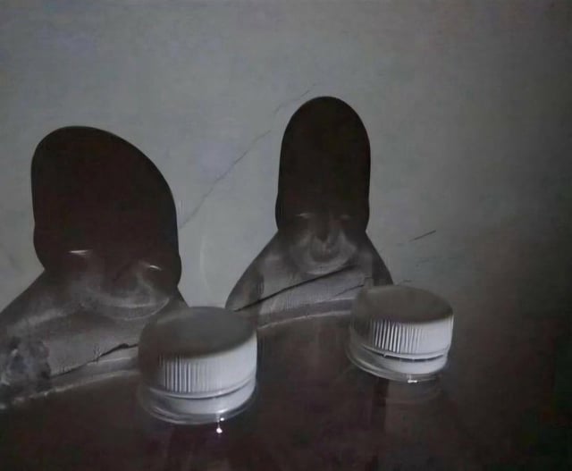 The image depicts two clear water bottles with white screw-on caps placed on a reflective surface, likely a table. In dim, nighttime lighting, their shadows are cast onto a wall with visible cracks, and the distorted shadows resemble human faces—featuring distinct outlines of eyes, noses, and mouths, creating an eerie or surprised expression. This optical illusion plays on the common experience of waking up at night, where low light can transform ordinary objects into something seemingly anthropomorphic, evoking a mix of humor and mild spookiness.