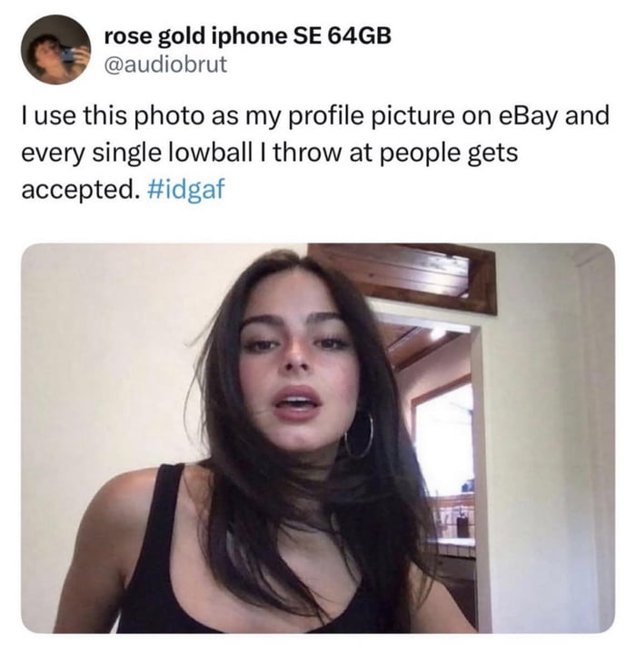 This image is a screenshot of an X (formerly Twitter) post from user @audiobrut, whose display name is "rose gold iphone SE 64GB". The post text states the user uses the attached photo of an attractive young woman as their eBay profile picture, and every lowball offer they submit to sellers gets accepted, followed by the hashtag #idgaf (slang for "I don't give a fuck". The joke of the meme, as referenced by its 9GAG title, is that the user is using a clever, unconventional strategy to get sellers to agree to lower prices by leveraging the assumption that people are more likely to be lenient with someone they perceive to be an attractive woman.