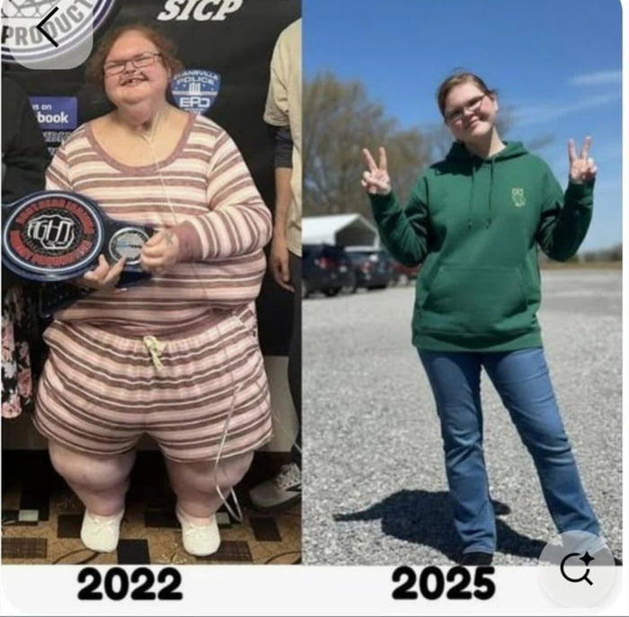 A side-by-side comparison meme displaying the same individual in two different years: 2022 (left) and 2025 (right). The left image (2022) shows the person wearing a pink and white striped pajama set, holding a large championship belt with a circular emblem, standing in front of a backdrop with partially visible text ('PRODUCT', 'SICP'). The right image (2025) depicts the person outdoors on a gravel surface under a clear blue sky, wearing a green hoodie and blue jeans, and making peace signs with both hands. The noticeable transformation highlights significant weight loss, conveying a positive and uplifting narrative of personal growth.