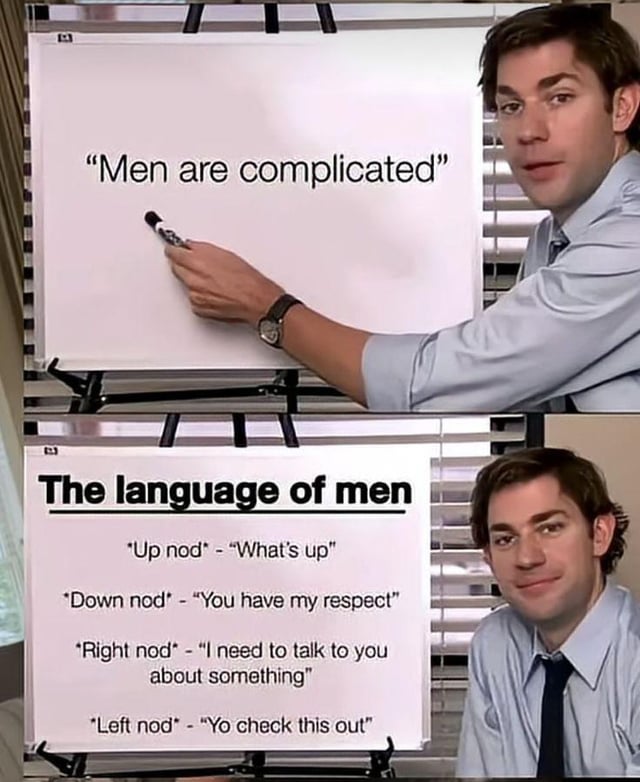 A two-panel meme using screenshots from the US TV series 'The Office,' featuring the character Jim Halpert. The top panel shows Jim writing 'Men are complicated' on a whiteboard with a marker. The bottom panel displays a whiteboard titled 'The language of men' with bullet points defining different nods: 'Up nod' as 'What's up', 'Down nod' as 'You have my respect', 'Right nod' as 'I need to talk to you about something', and 'Left nod' as 'Yo check this out'. The humor arises from the contrast between the initial claim of men being 'complicated' and the simplistic, tongue-in-cheek 'language' of nods presented as a straightforward explanation.