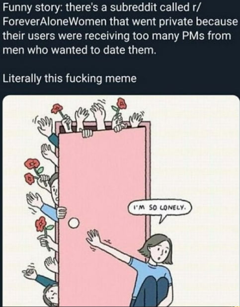 A meme consisting of two main parts: top explanatory text and a below illustration. The top text reads: 'Funny story: there's a subreddit called r/ForeverAloneWomen that went private because their users were receiving too many PMs from men who wanted to date them. Literally this fucking meme'. The illustration depicts a sad woman sitting on the floor, leaning against a closed pink door, with a speech bubble saying 'I'M SO LONELY.' Behind the door, multiple hands (some holding red roses) reach out, attempting to open it, symbolizing the unwanted romantic attention from men sending private messages.