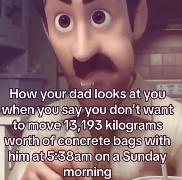 A meme featuring an animated male character with a mustache, wide eyes, and a stern expression, humorously portraying a dad's disapproving reaction. The overlaid text reads: 'How your dad looks at you when you say you don't want to move 13,193 kilograms worth of concrete bags with him at 5:38am on a Sunday'. The character's exaggerated facial features (wide eyes, downturned mouth) amplify the comedic frustration of being asked to help with an absurdly heavy, early-morning chore on a Sunday.
