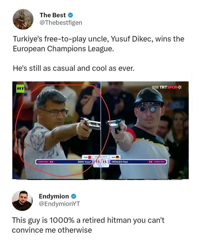 A Reddit meme featuring a screenshot of a Twitter/X post by 'The Best' (@Thebestfigen) and a comment by 'Endymion' (@EndymionYT). The post displays a split image of two shooters: Yusuf Dikec (left) in a casual patterned shirt aiming a pistol, and Paul Monnet (right) in a competition uniform with a shooting cap. A scoreboard below shows Dikec with a perfect 15/15 score. The caption refers to Dikec as 'Turkiye's free-to-play uncle' and notes his casual coolness despite winning the European Champions League. Endymion's comment humorously suggests Dikec is '1000% a retired hitman,' playing on his composed demeanor and apparent expertise.