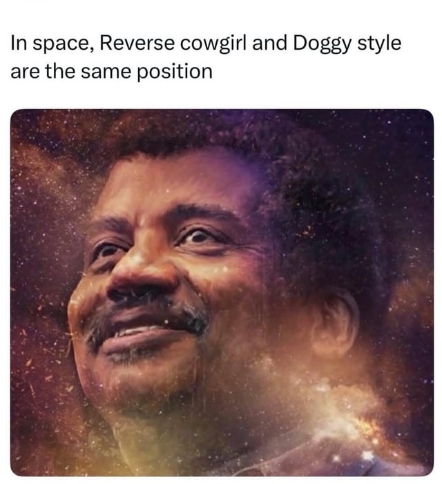 This meme is composed of two sections: top text stating "In space, Reverse cowgirl and Doggy style are the same position", and an edited image below featuring well-known science communicator Neil deGrasse Tyson set against a glowing cosmic nebula background. Tyson has a smug, amused, knowing expression, as if he is sharing a little-known legitimate astrophysics fact. The joke plays on the concept that there is no fixed up or down orientation in zero-gravity space, so the two referenced sexual positions would technically be indistinguishable, framing a lewd, silly gag as the type of real educational space fact Tyson is famous for sharing.