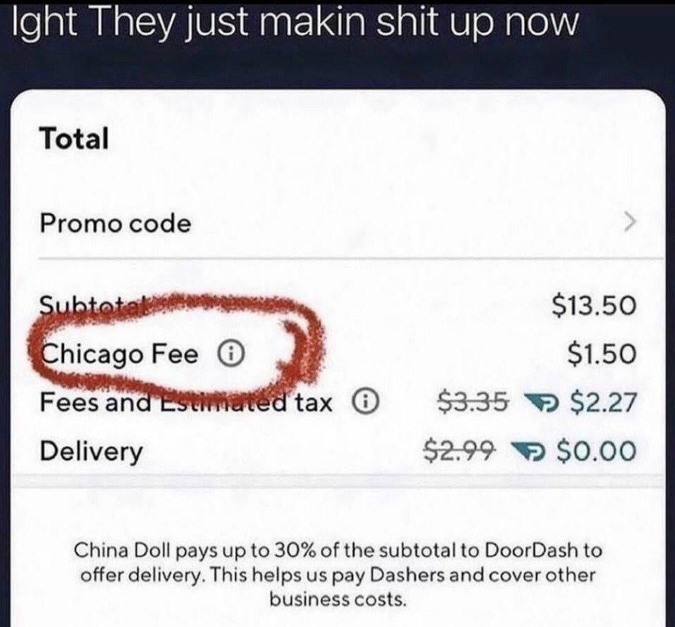 The meme displays a screenshot of a DoorDash food delivery checkout page, with a frustrated text comment at the top stating "Ight They just makin shit up now". A $1.50 line item labeled "Chicago Fee" is circled in red to draw attention to the seemingly arbitrary, unexplained extra charge added on top of standard subtotal, tax, and delivery costs. A note at the bottom explains that the restaurant China Doll pays up to 30% of order subtotals to DoorDash to cover delivery costs for drivers and business expenses. The joke highlights the widespread frustration with confusing, hidden extra fees charged by food delivery apps that appear to be invented with little justification.