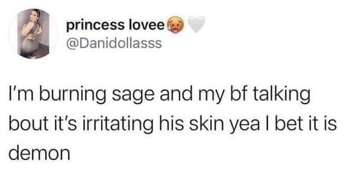 This is a screenshot of a public X (formerly Twitter) post from user @Danidollasss, whose display name is 'princess lovee'. The post text reads: 'I'm burning sage and my bf talking bout it's irritating his skin yea I bet it is demon'. The joke relies on the common spiritual belief that burning sage repels demons and negative energy, so the poster sarcastically implies her boyfriend is a demon, as the sage is having a negative effect on him as expected for evil entities. A flushed open-mouthed emoji and a grey heart emoji appear next to the user's display name, alongside a profile photo of a posed woman.