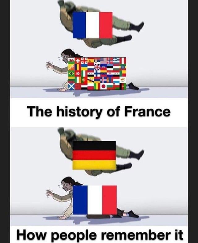 This is a two-panel satirical meme referencing common stereotypes about French military history. The first panel, labeled 'The history of France', depicts a cartoon character representing France (marked with the French national flag) crawling on the ground about to be tackled by a flying figure covered in a collage of flags from many different countries, representing the large number of military conflicts France has participated in across its long history. The second panel, labeled 'How people remember it', depicts the same scene, except the flying figure is now only marked with the German national flag, joking about the widespread pop culture stereotype that most people only associate French military history with being defeated by Germany during World War II, ignoring all other parts of its historical conflict record.