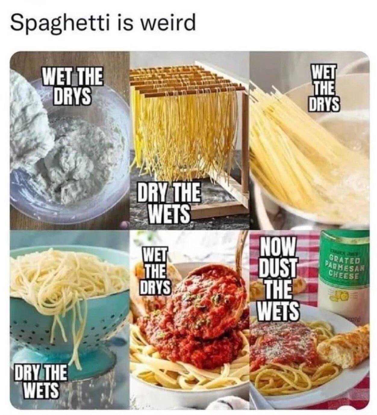 This is a 6-panel collage meme with the title 'Spaghetti is weird' at the top. Each panel depicts a step of the spaghetti preparation process paired with humorous, seemingly contradictory text that frames the process as a repetitive cycle of wetting dry ingredients and drying wet ingredients: 1) Dry flour in a bowl labeled 'WET THE DRYS' (referring to mixing flour with water to make dough), 2) Fresh pasta hung to dry labeled 'DRY THE WETS', 3) Dry store-bought spaghetti being placed in boiling water labeled 'WET THE DRYS', 4) Cooked spaghetti being drained in a colander labeled 'DRY THE WETS', 5) Tomato sauce being poured over drained pasta labeled 'WET THE DRYS', 6) Grated parmesan being sprinkled over sauced pasta labeled 'NOW DUST THE WETS'. The joke highlights how counterintuitive the full spaghetti making process appears when described in this simplified, repetitive framing.