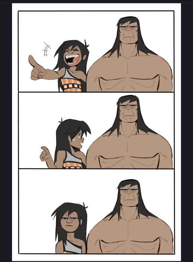 This is a widely recognizable 3-panel vertical webcomic meme template, commonly referred to as the Kida and Korg meme, or the 'copying the stoic authority figure' meme. Panel 1: A small young girl named Kida laughs loudly, pointing aggressively to the left as if mocking or teasing someone, while her very large, buff, long-haired stoic father Korg stands next to her with a completely unamused, blank, stern expression. Panel 2: The girl stops laughing, nervously glances up at Korg, her pointing hand faltering, a sweat drop of anxiety on her face as she realizes he does not approve of her teasing behavior. Panel 3: The girl drops all amusement, adopting the exact same stern, unimpressed blank expression as Korg, pretending she never was laughing or teasing in the first place. The meme is used to express the relatable feeling of mocking or complaining about something, then realizing the subject of your mockery or an authority figure who disagrees is right next to you, so you immediately pretend you hold the same serious opinion as them to avoid trouble or judgment.