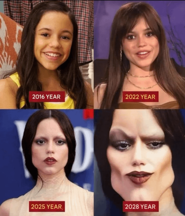 A 2x2 collage meme depicting a person's appearance progression across four years: 2016 (top-left), 2022 (top-right), 2025 (bottom-left), and 2028 (bottom-right). The 2016 and 2022 images show the individual with natural, smiling expressions and casual attire. The 2025 and 2028 images are heavily edited or AI-generated, featuring exaggerated, distorted facial features (e.g., overdrawn makeup, warped proportions) to satirize the 'chad' internet archetype—slang for an absurdly masculine or over-the-top persona. Each quadrant includes a red label with the respective 'YEAR' text.