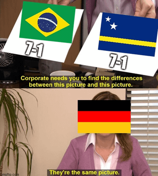 This meme uses the classic two-panel The Office reaction format. In the top panel, a person holds up two printed cards: the left card displays the flag of Brazil labeled with '7-1', the right card displays the flag of Curaçao also labeled with '7-1', with overlaid text reading 'Corporate needs you to find the differences between this picture and this picture.' In the bottom panel, character Pam Beesly sits at an office desk with her face covered by the flag of Germany, responding 'They're the same picture.' The joke draws a humorous comparison between Germany's two lopsided 7-1 international football victories over Brazil and Curaçao, framing both wins as equivalent accomplishments for the German national team.