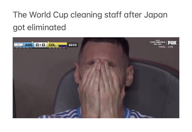 This meme consists of a top text caption above a screenshot of professional football player Lionel Messi. The caption reads 'The World Cup cleaning staff after Japan got eliminated'. The image of Messi shows him sitting, covering his entire face with both hands, looking visibly stressed, overwhelmed, and defeated. The background of the screenshot is a 2024 Copa America final broadcast from Fox Sports, showing a score banner indicating a 0-0 draw between Argentina (ARG) and Colombia (COL) at 66 minutes and 53 seconds of match time. The joke plays on the widely documented trend of Japanese national team fans and players thoroughly cleaning their seating areas and locker rooms after World Cup matches, meaning that once Japan is eliminated from the tournament, the official cleaning staff have a far larger amount of work to handle, hence the overburdened reaction depicted by Messi.