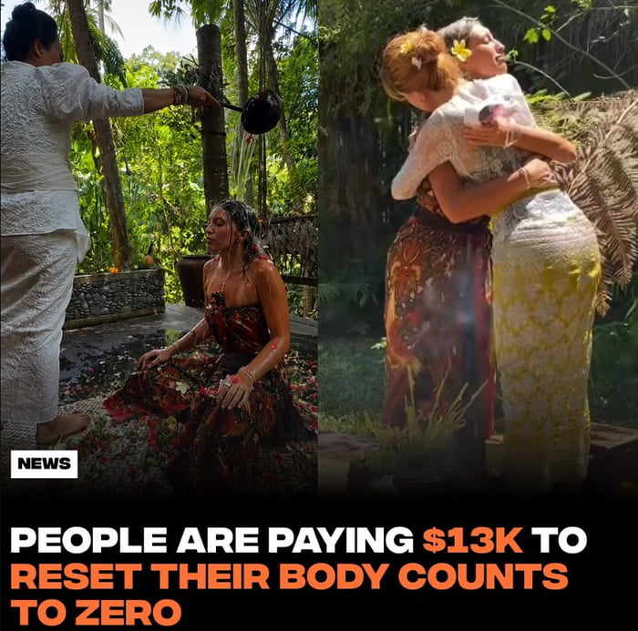 This is a two-panel satirical meme. The left panel shows a woman sitting on flower petals in a lush tropical jungle setting, receiving a traditional cleansing ritual as a practitioner pours liquid over her head. The right panel shows the same woman hugging another person, appearing emotional after the ritual. Text at the bottom of the meme reads "PEOPLE ARE PAYING $13K TO RESET THEIR BODY COUNTS TO ZERO". The joke relies on a double meaning of the slang term "body count": while the ritual is presented as a standard wellness body cleanse/reset, "body count" is widely used as slang for the number of sexual partners a person has had, so the meme jokes that wealthy people are paying exorbitant fees for a spiritual ritual to erase their sexual history.