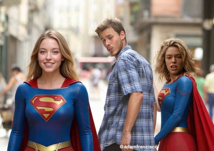 This is a remixed version of the viral distracted boyfriend meme template, paired with the title 'How to print money in 2026'. It depicts three people on a city street: on the left, an AI-edited version of actress Sydney Sweeney in a Supergirl costume smiles at the viewer. The man in the middle, the boyfriend from the original meme, turns to stare admiringly at the Supergirl on the left, while his partner on the right, edited to be an alternate, messier version of Supergirl, glares angrily at him. The joke implies that casting a popular, conventionally attractive actress like Sydney Sweeney as Supergirl for a 2026 superhero film would be an extremely financially successful choice, as audiences would prefer this interpretation over existing Supergirl portrayals.