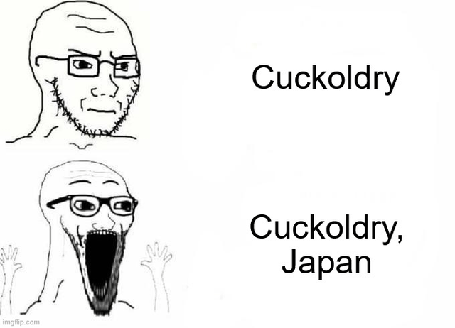 This is a two-panel reaction meme. The top panel features a neutral, annoyed bald soyjak/wojak character with stubble and glasses positioned next to the text 'Cuckoldry'. The bottom panel shows the same character screaming in horror, mouth wide open, hands raised in distress next to the text 'Cuckoldry, Japan'. The joke references the poster's shock at learning the definition of NTR (netorare, a popular Japanese anime and manga trope centered on cuckolding/romantic infidelity), which led them to declare that 'anime was a mistake'.