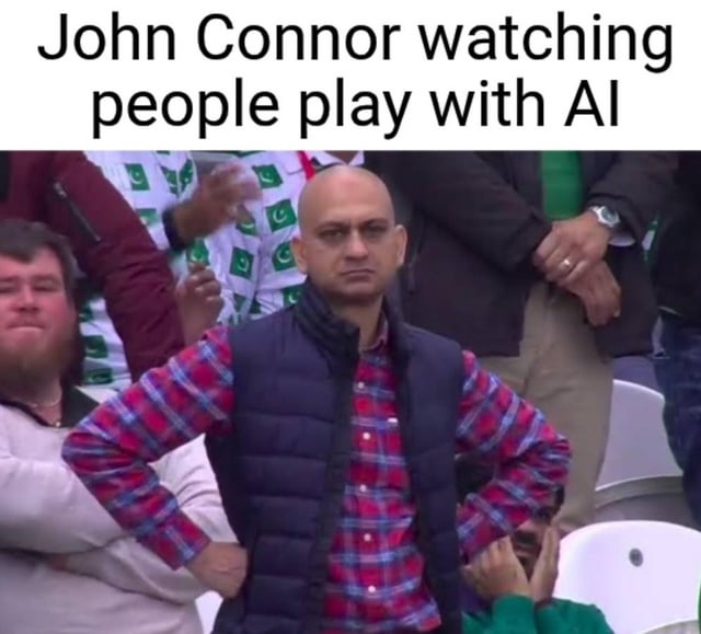This meme features a top text caption that reads 'John Connor watching people play with AI', paired with a viral photo of a bald male spectator at a sports event standing with his hands on his hips, wearing a puffer vest over a plaid shirt, and holding a stern, unimpressed, deeply concerned expression as he stares forward. The joke references the Terminator film franchise, where John Connor is the central leader of the human resistance against Skynet, a hostile rogue artificial intelligence that initiates a global apocalypse to wipe out humanity. The humor plays on the irony of John Connor (as represented by the disapproving spectator) looking on with dread as modern internet users and developers casually experiment with and normalize AI technology, aligning with the core apocalyptic threat his character is defined by fighting against.