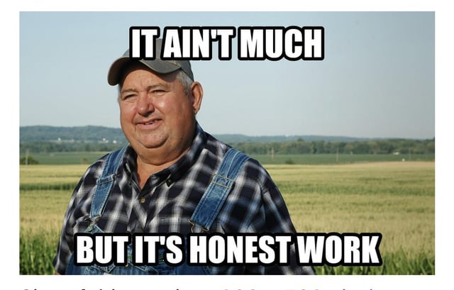 This is a remixed version of the classic 'It Ain't Much But It's Honest Work' meme. It features a photograph of a middle-aged American farmer wearing a baseball cap, plaid shirt, and denim overalls standing in front of his expansive crop field under a clear sky. Bold white text with black outlines is overlaid at the top reading 'IT AIN'T MUCH' and at the bottom reading 'BUT IT'S HONEST WORK'. The meme is used in the context of users reporting all ads that promote AI use as low quality, framing this small, unremarkable action as a worthwhile, morally consistent effort to push back against unwanted AI promotional content.