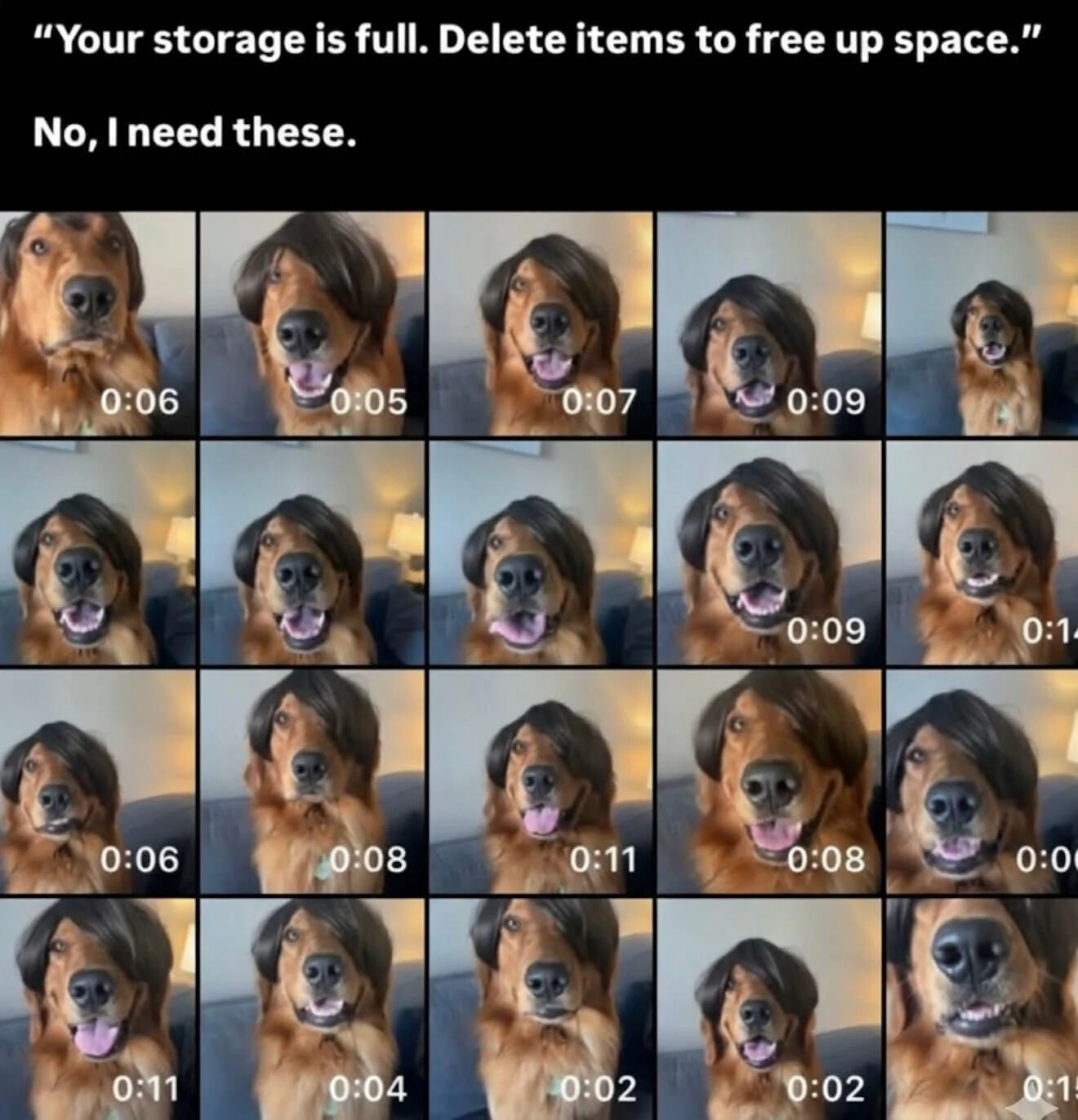 This meme humorously captures the universal relatable struggle of refusing to delete media files when a device's storage is full. The top text reads: *"Your storage is full. Delete items to free up space."* followed by the defiant response: *"No, I need these."* Below this text is a 4x5 grid of short video clip thumbnails (each with a timestamp showing clip length) featuring a golden retriever wearing a silly side-parted wig. The dog makes a variety of playful, happy expressions—tongue out, smiling, excited, with some frames showing a raised paw. The joke leans into the feeling of clinging to seemingly trivial but beloved personal media, framed in a warm, wholesome, funny way with the endearing pet content.