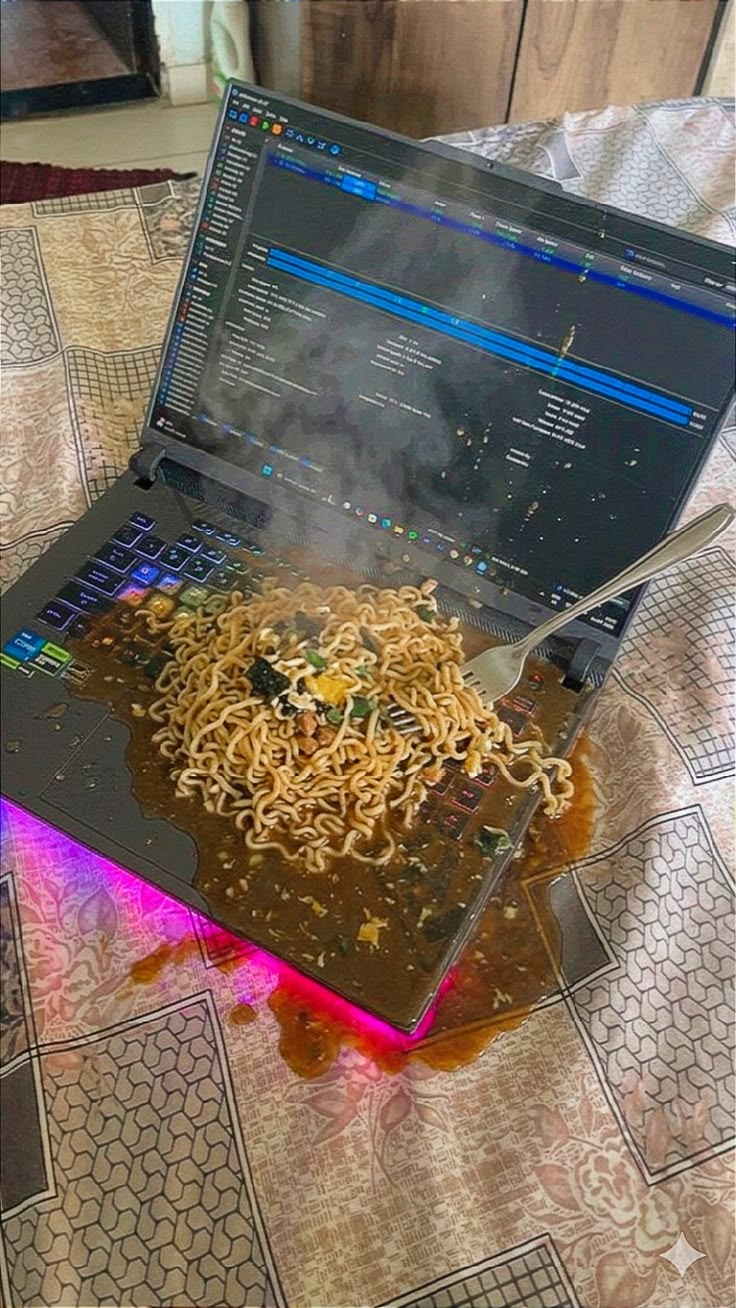 The image depicts an open RGB gaming laptop placed on a patterned fabric surface, appearing to be actively running a program with a code or file explorer interface visible on its screen. An entire portion of hot, soupy cooked instant noodles has been spilled directly onto the laptop's keyboard, with visible steam rising from the hot food. Broth from the noodles leaks down the front of the laptop onto the surface underneath, and a metal fork is stuck into the pile of noodles. The laptop screen is also splattered with small droplets of broth, and the RGB purple lighting along the bottom edge of the laptop is still illuminated under the spilled broth.