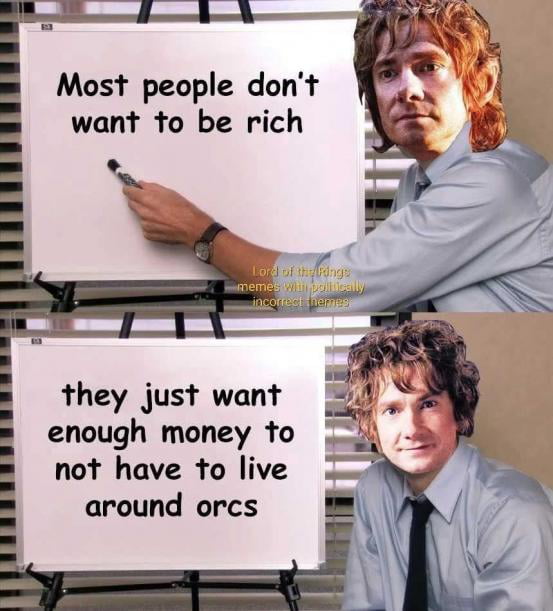 This is a two-panel crossover meme editing the face of Bilbo Baggins (from *The Hobbit* and *Lord of the Rings* franchises, played by Martin Freeman) onto the body of Jim Halpert from the US sitcom *The Office*, creating the hybrid character nicknamed 'Jim Baggins'. In the first panel, the character points seriously at a whiteboard reading 'Most people don't want to be rich'. In the second panel, the character smiles next to the completed whiteboard text, which continues: 'they just want enough money to not have to live around orcs'. The joke frames the relatable common desire for financial security to avoid toxic, unpleasant, or annoying people (equated to 'orcs' from LOTR lore) instead of pursuing extreme wealth, playing on the shared fan recognition of both source properties.