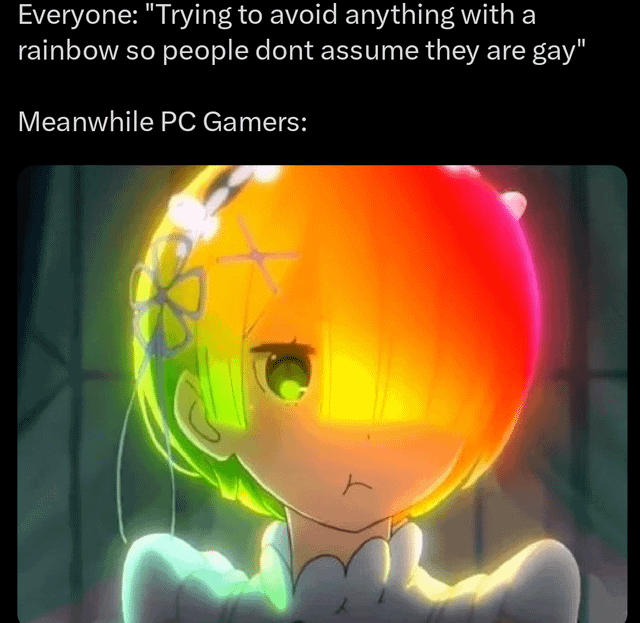 A meme humorously contrasting societal behavior with PC gaming culture. The top text reads: 'Everyone: "Trying to avoid anything with a rainbow so people don't assume they are gay"' followed by 'Meanwhile PC Gamers:' Below is an animated character with a vibrant, glowing rainbow-colored head (green to red gradient), emphasizing PC gamers' well-known obsession with RGB lighting. The joke lies in the irony of people avoiding rainbow imagery while PC gamers enthusiastically embrace similar rainbow-like RGB aesthetics.
