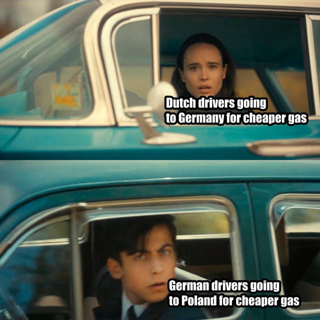 This is a two-panel reaction meme using clips from the Netflix series *The Umbrella Academy*. The first panel shows Viktor Hargreeves (played by Elliot Page) looking confused while sitting in a car, with a caption explaining Dutch drivers travel to Germany to buy cheaper fuel. The second panel shows Number Five (played by Aidan Gallagher) looking concerned while sitting in the back of the same car, with a caption explaining German drivers travel to Poland to buy cheaper fuel. The humor comes from the implied follow-up question matching the original title: where will Polish drivers go next to find even lower fuel prices, as fuel prices generally decrease when moving further east in continental Europe.