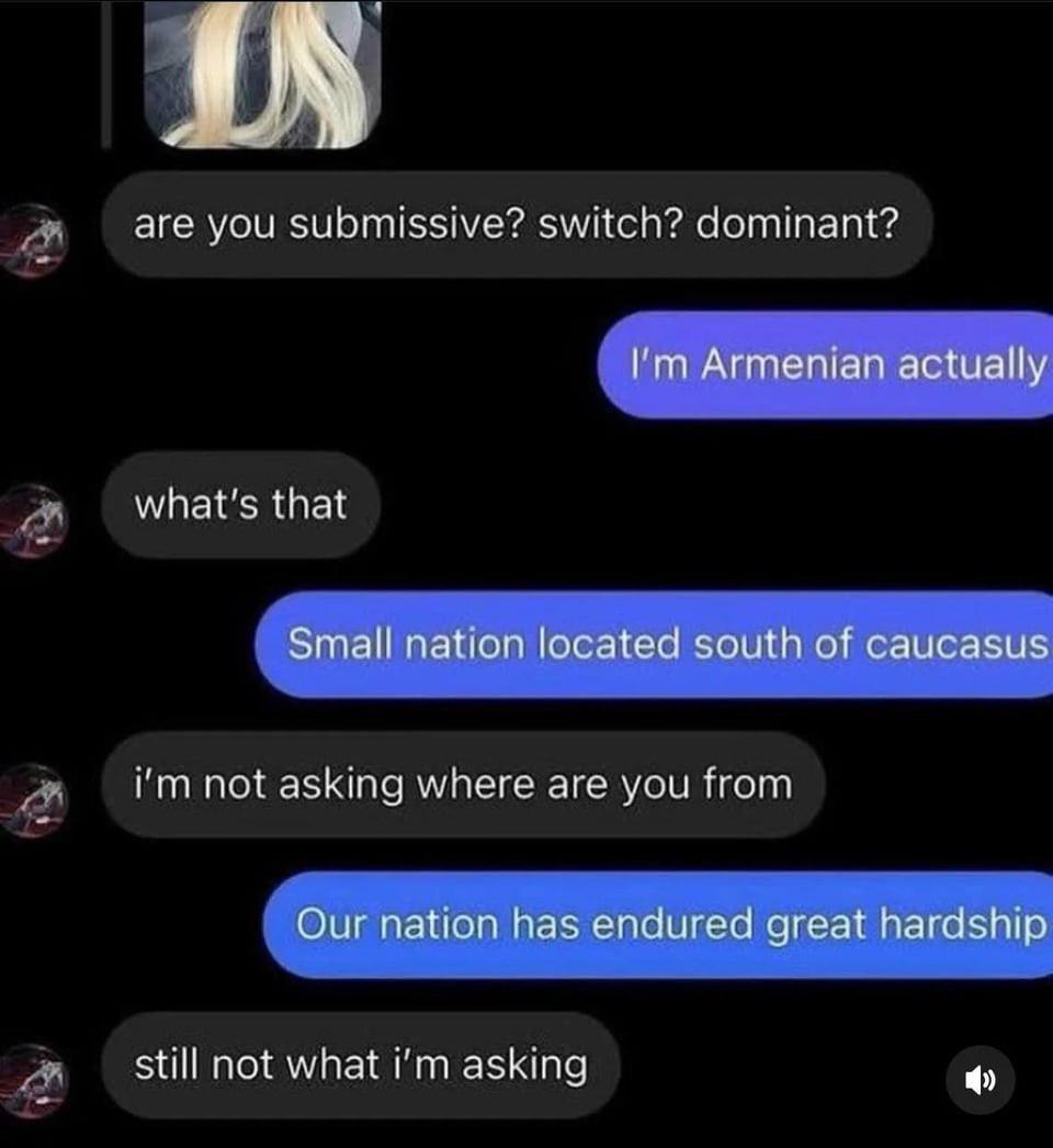 A screenshot of a messaging conversation between two participants. The first participant asks about relationship dynamics using terms like 'submissive', 'switch', and 'dominant'. The second participant misunderstands and responds by stating they are Armenian, then proceeds to explain Armenia as a nation south of the Caucasus that has endured hardship. The first participant repeatedly tries to clarify they're not asking about nationality, creating a humorous misunderstanding.