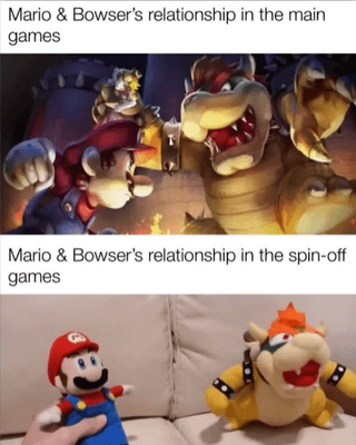 This is a two-panel comparison meme highlighting the difference in Mario and Bowser's dynamic across different types of Super Mario franchise games. The top panel uses official Nintendo promotional art showing Mario and Bowser facing each other aggressively, ready to fight, with a caption noting this is their relationship in mainline Super Mario platformer games, where Bowser is the core antagonist that kidnaps Princess Peach and Mario fights to rescue her. The bottom panel uses a photo of Mario and Bowser plush toys sitting casually on a couch looking friendly, with a caption noting this is their relationship in Mario spin-off games (such as Mario Kart, Mario Party, and Mario sports titles), where the pair are usually friendly rivals or even teammates that participate in activities together. The joke relies on the stark contrast between their hostile canonical dynamic in core games and their amicable, casual dynamic in non-mainline spin-off titles.