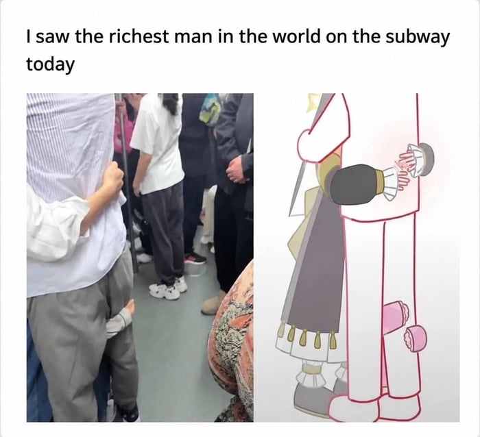 This is a two-panel humorous meme. The left panel is a candid photograph taken on a crowded subway: an adult man stands holding a small child's hand behind his back, with the child's hand poking out between the man's legs, creating an optical illusion that the man has a tiny hand reaching for his own buttocks. The right panel is a partial illustration of the Super Mario franchise character King Boo, highlighting the well-known visual quirk of his character design where a small hand appears positioned between his legs, matching the illusion from the left photo. The top text of the meme reads "I saw the richest man in the world on the subway today", joking that the man in the photo is King Boo, who is famous for hoarding vast treasure in the Mario series, making this a type of "wealth" that cannot be purchased with money.