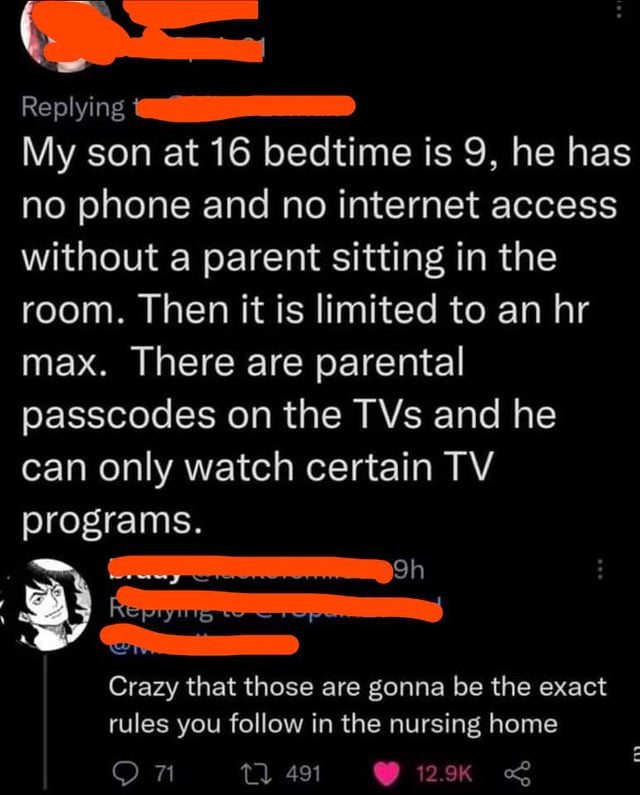 This meme is a screenshot of two consecutive replies in a social media thread. The first comment is written by a parent boasting about their extremely strict rules for their 16-year-old son: a 9 PM bedtime, no personal phone, internet access only allowed for a maximum of 1 hour while a parent is present in the room, password-locked TVs, and only pre-approved television programs permitted for viewing. The second reply is a sarcastic roast of the controlling parent, pointing out that the exact same restrictive rules the parent enforces on their teen are the same rules the parent will be required to follow when they are elderly and living in a nursing home. The core joke relies on ironic role reversal, highlighting that excessive control exerted over children often comes back to apply to the parents when they lose independence later in life.