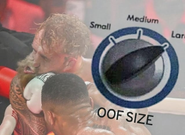 The image depicts two boxers in a ring during an intense match. The lower boxer (with short dark hair and a muscular build) is delivering a forceful punch to the upper boxer (with curly hair and a beard), who exhibits a pained reaction with eyes closed and mouth open. Superimposed on the right side is a circular dial labeled 'OOF SIZE' featuring a pointer rotating past 'Small' and 'Medium' to rest on 'Large,' humorously quantifying the intensity of the upper boxer's discomfort. The dial resembles a measurement control, exaggerating the 'oof' (internet slang for pain or failure) reaction for comedic effect.