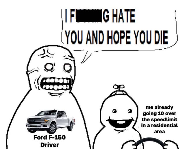 This single-panel meme uses two simple MS Paint-style wojak characters to satirize common stereotypes of aggressive Ford F-150 drivers. The left character is labeled as a Ford F-150 Driver, depicted as extremely angry, yelling the aggressively hostile line 'I FUCKING HATE YOU AND HOPE YOU DIE' towards the other character. The right character is a small, cheerful, unbothered figure holding a steering wheel, with adjacent text explaining they are already driving 10 miles per hour over the legal speed limit in a residential area. The joke highlights the perceived unreasonableness of aggressive truck drivers who get furious at other motorists even when those motorists are already speeding well above the posted limit.
