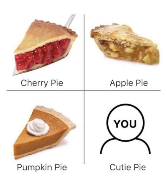 This image is a 2x2 grid meme featuring three classic dessert pies and a playful pun compliment. The top-left panel shows a slice of cherry-filled Cherry Pie with its label; the top-right displays a slice of Apple Pie with visible fruit filling; the bottom-left is a slice of Pumpkin Pie topped with whipped cream, labeled accordingly. The bottom-right panel replaces a food pie with a simple, generic outline icon of a person labeled "YOU" above the text "Cutie Pie". The core joke is a pun: "Cutie Pie" is a warm, affectionate term of endearment, playing off the food pie names in the other three panels to frame the viewer as a sweet, likable "pie"—a lighthearted, wholesome compliment paired with familiar dessert imagery.