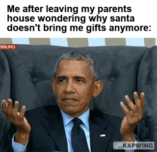 A multi-frame reaction meme featuring Barack Obama seated in a chair, displaying a sequence of thoughtful to realizing expressions with hand gestures (palms up, slightly moving). Each frame contains the overlaid text: 'Me after leaving my parents house wondering why santa doesn't bring me gifts anymore:'. The meme humorously depicts the moment of realization that one's parents were the actual gift-givers disguised as Santa Claus.